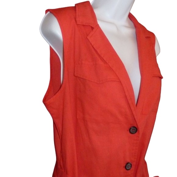 V-Neck Collared Dress, Sleeveless, Short Poppy Coral, W/Belt, Buttons Pockets, L - Picture 3 of 9
